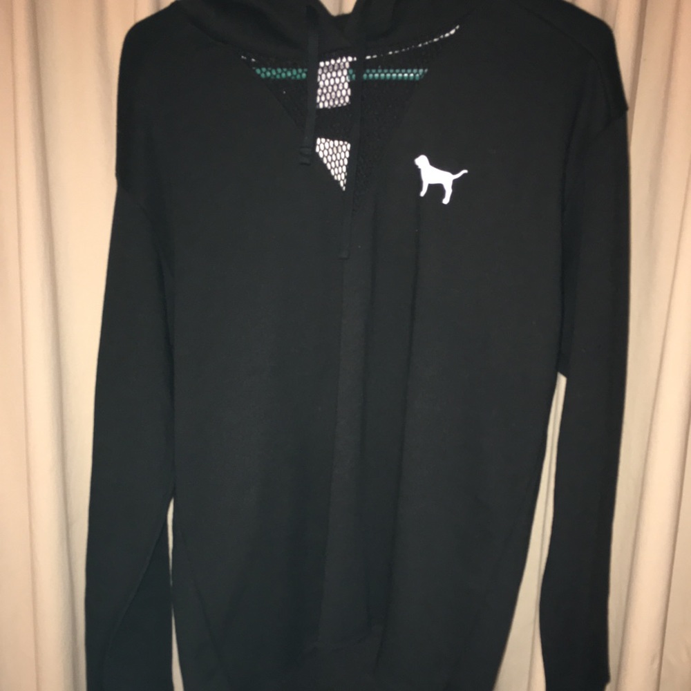 New Victoria’s Secret pink small black mesh drawstring hoodie Rare hard to find